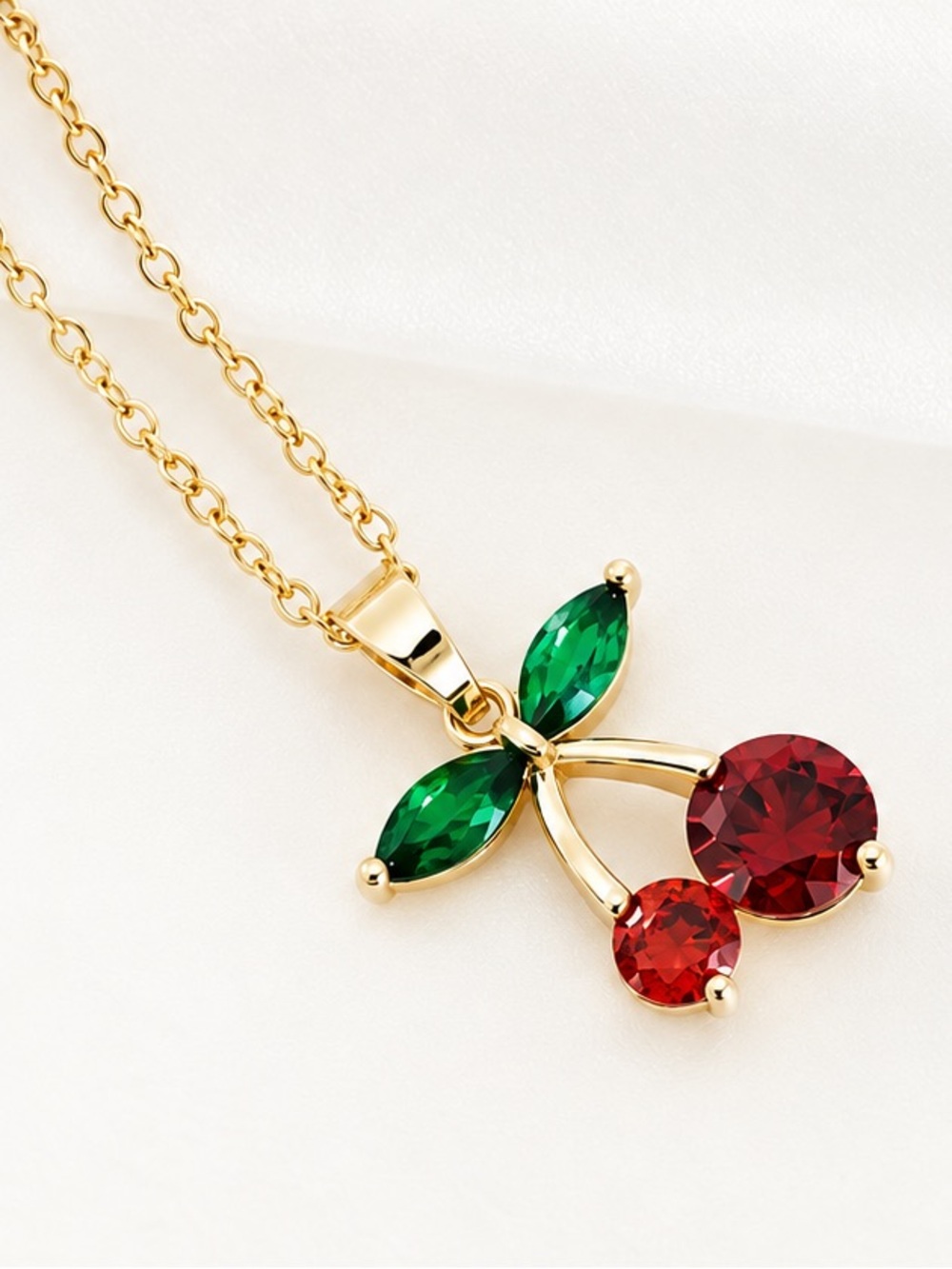 14K Gold Plated Swarovski Crystal Cherry Pendant Necklace Red Green Fruit